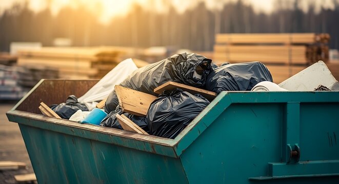 Full industrial dumpster overflowing with trash and debris; environmental waste in daylight