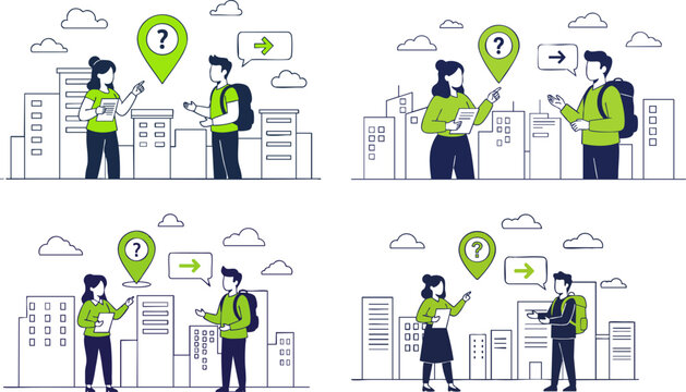 People asking for directions in the city are shown as a flat vector graphic design illustration set.