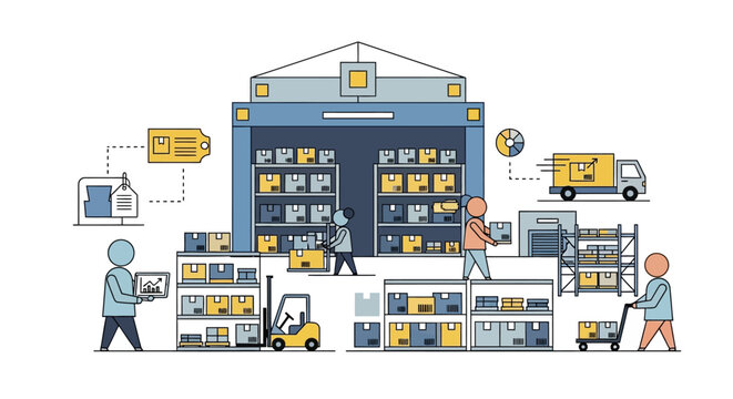 Warehouse Logistics and Supply Chain Management Illustration with Workers, Forklift, and Delivery Truck for Ecommerce Distribution