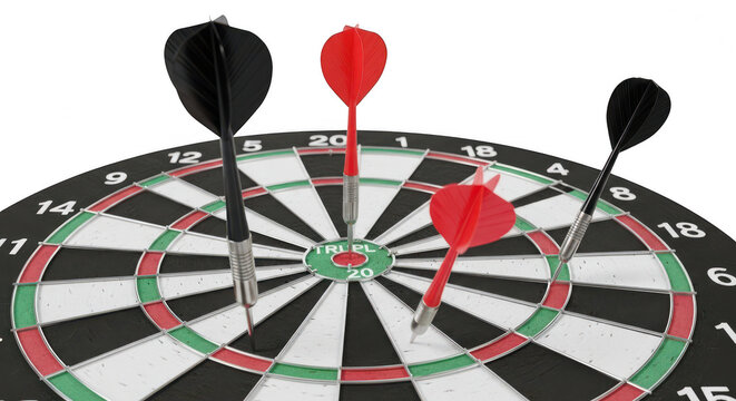 Darts board with three darts, two of which are red and one black isolated on transparent background