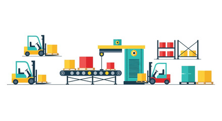 Fototapeta premium Warehouse Logistics and Industrial Automation Flat Vector Illustration with Forklifts, Conveyor Belt, and Packages in Distribution Center