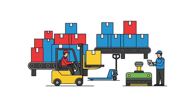 Smart Warehouse Logistics Illustration with Forklift, Workers, and Automated Robotics