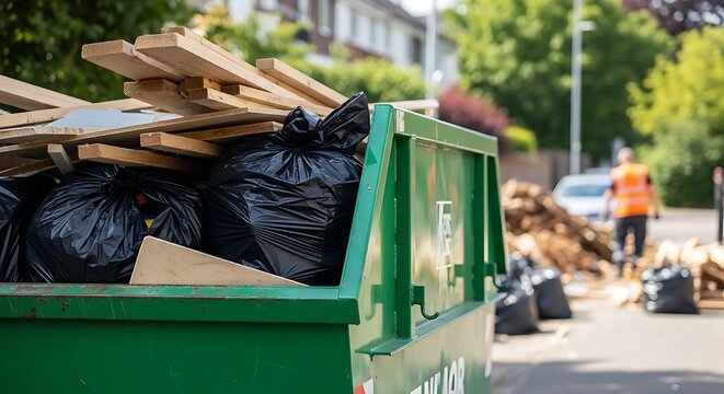 Green construction dumpster overflowing with waste and a worker in the blurred background
