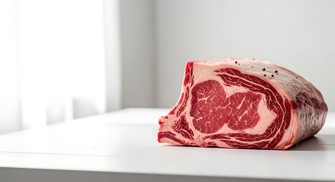 Daging Iga Sapi Panggang Mentah Segar dengan Marbling di Atas Meja Putih