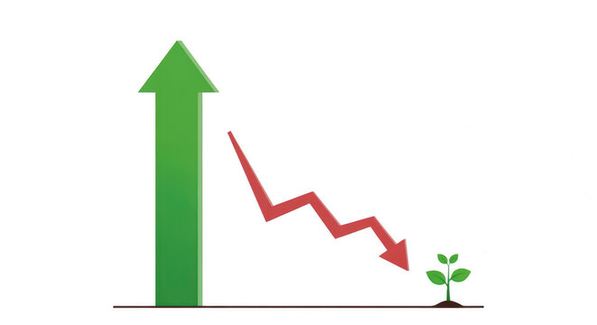 Green arrow ascending and red arrow descending with a small plant at the end isolated on transparent background