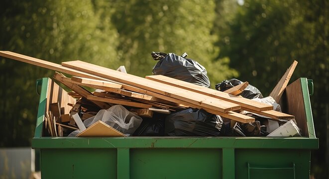 Green dumpster overflowing with construction debris against a blurred green backdrop