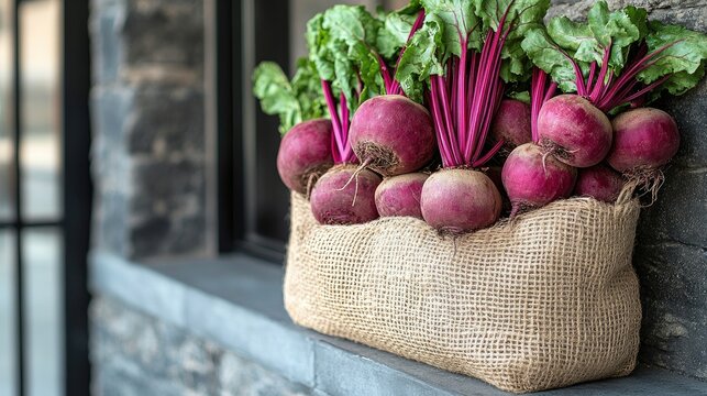 Freshly harvested beets in burlap sack sit on a ledge outside a brick building