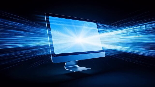 Glowing monitor screen with colorful light streaks on dark background