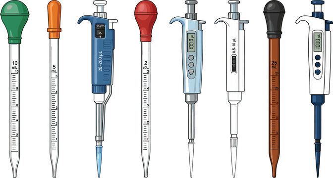 Laboratory pipette tools collection illustration with different measuring devices, scientific liquid handling equipment and chemistry research instruments minimal design
