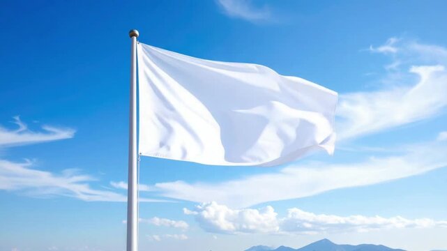 Waving white flag against a bright blue sky representing peace and truce