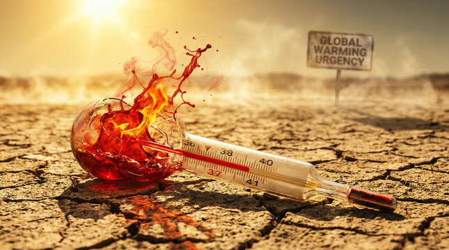 Global Warming Urgency Concept Glass Thermometer Bursting with Red Liquid on Dry Cracked Earth
