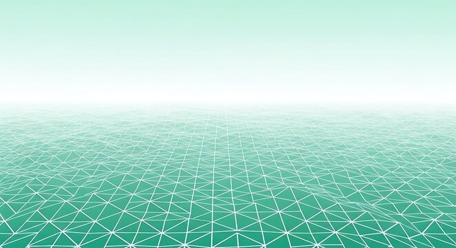 Abstract digital landscape with a green low poly wireframe grid fading into white