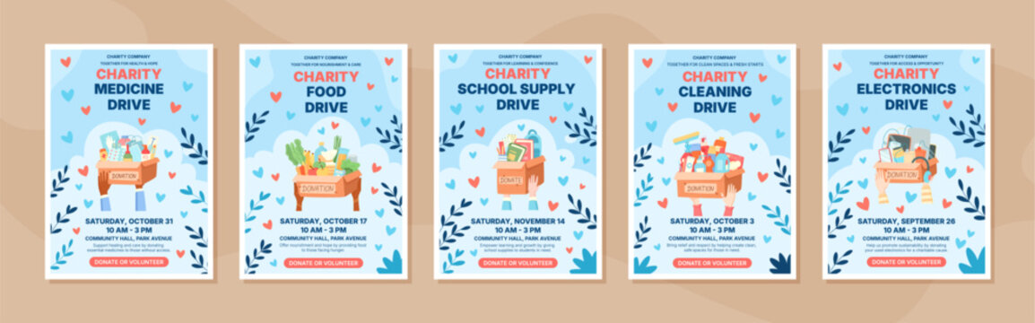 Charity poster set with light background and flat style. Each donate gift box show community support and help for needy people as assistance donation. Useful for charity promotion print.