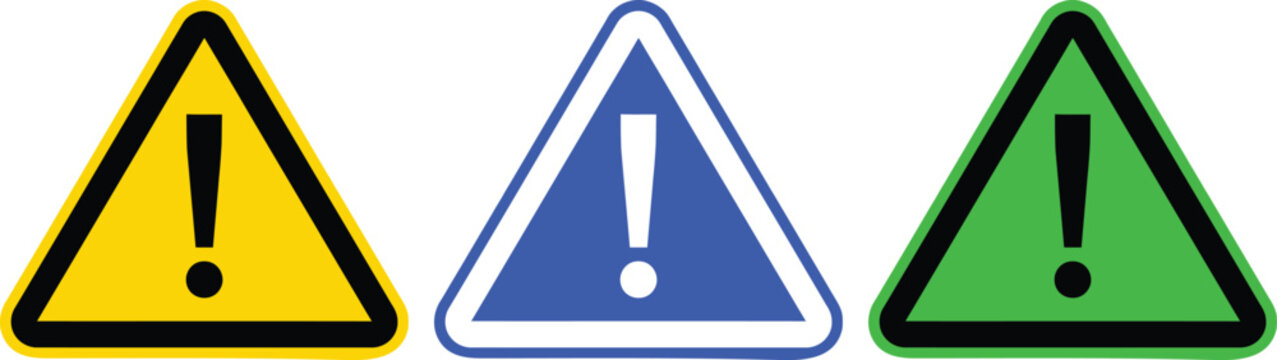 Three triangular warning signs with exclamation points in different colors