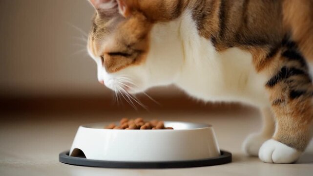 Cat Eating from Bowl. Basic Needs of Living Things (Water, Food, Air). Animal Care. a cat eating food from a bowl, set in a clean studio home environment, visual aesthetic that is cozy and realistic
