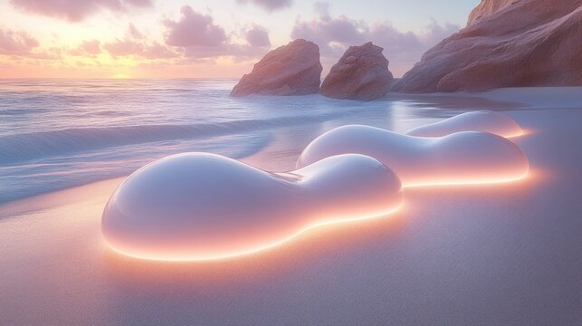 Surreal beach at sunset with glowing organic forms along the tranquil shoreline