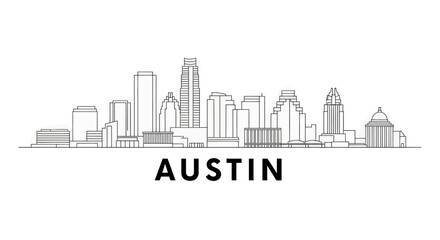 Obraz premium Black and white illustration of austin city skyline with modern buildings and texas state capitol building