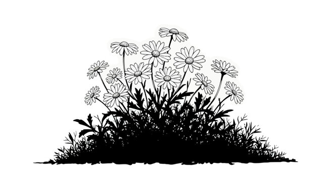 Black and white illustration of a bouquet of daisies on a with leaves and stems