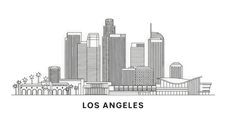 Naklejka premium Los angeles city skyline with skyscrapers and palm trees in a line drawing style