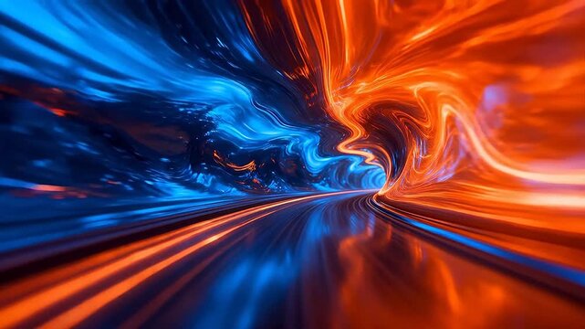 Abstract spiral light tunnel with blue and orange motion trails