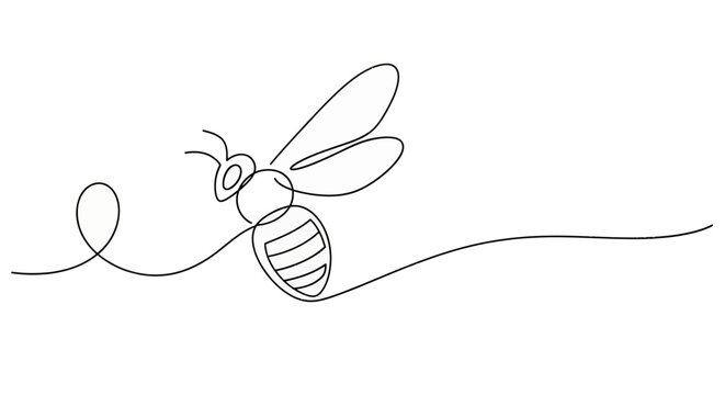 A minimalist line drawing of a flying bee in a continuous line art style