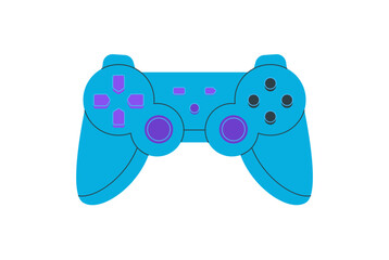 Flat retro gamepad sticker with blue buttons and console joystick. Vintage controller gadget for video game player, ideal as playful accessory or badge. Colorful videogame theme, modern digital pop © Olga Teplova