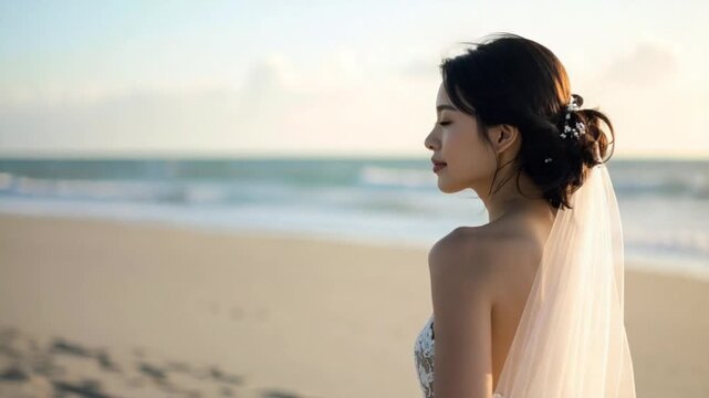 Serene bride on a beach at sunset enjoying a peaceful moment