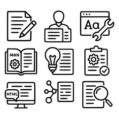 Detailed line icons representing technical and creative education, including tools like a wrench and gear, chemistry flasks, and web-based learning interfaces. © Marcelino