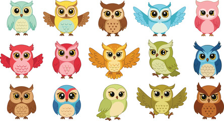 Obraz premium Cute Cartoon Owl Collection with Various Colors, Wing Positions, and Expressive Characters for Kids Design, Nursery Decor, Stickers, and Adorable Vector Illustration.