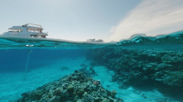 Half underwater view of diving excursion boats anchored near coral reef in Red Sea