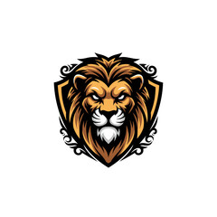 Obraz premium Fierce lion head mascot logo design with a shield and decorative swirls