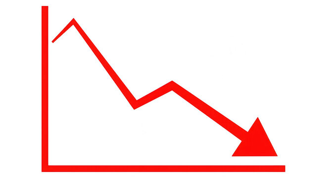 A red line graph depicting a significant decline over time with a downward arrow isolated on transparent background