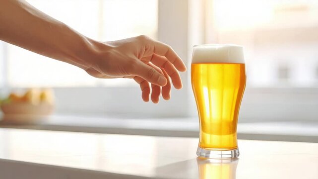 Hand reaching for a refreshing glass of golden beer on a bright counter