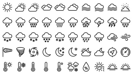 Fototapeta premium Collection of Weather Icons, Meteorological Symbols, Forecast Illustrations, Forecast Icons, and Weather Symbols for Various Atmospheric Conditions