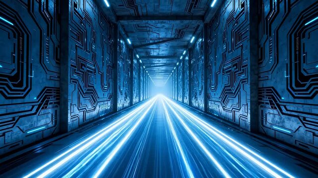 Sci-fi technology tunnel with complex circuit patterns and light beams
