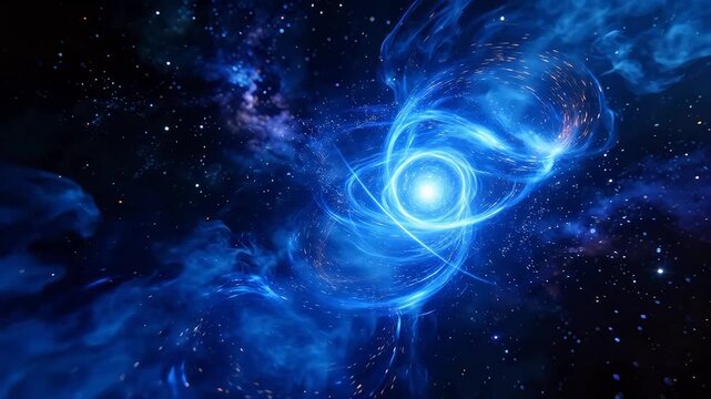 Glowing atomic structure with blue orbits in starry space