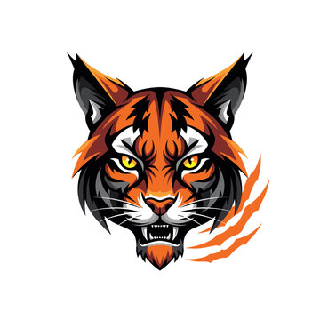 Fierce tiger head mascot illustration with bared teeth and claw marks