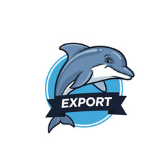 Obraz premium Friendly blue cartoon dolphin with an export banner logo icon