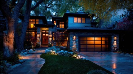Fototapeta premium Illumination highlights modern architectural features of a suburban residence after sunset
