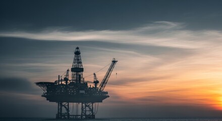 Obraz premium Offshore Oil Rig Platform at Sunset in the Ocean with Industrial Drilling Equipment and Crane Silhouetted Against Golden Twilight Sky for Energy, Petroleum, and Marine Industry Concept