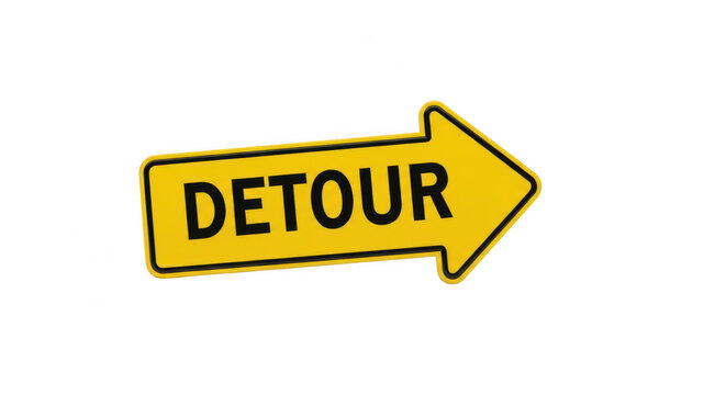 Yellow sign with black arrow and text indicating a detour ahead on the road isolated on transparent background