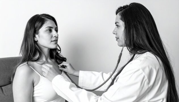 聴診器で心音・呼吸音を聞く医者視点のアングルの写真