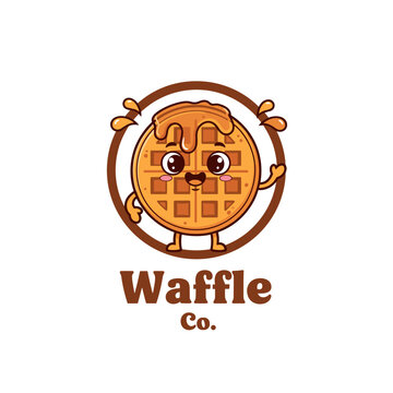 Friendly round waffle character with syrup and a waving hand logo