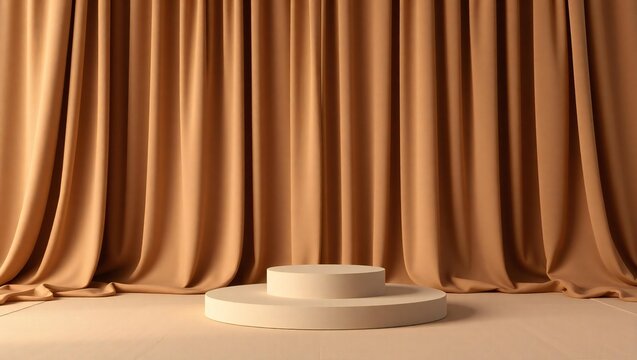 Minimalist stage with circular platform and beige drapes