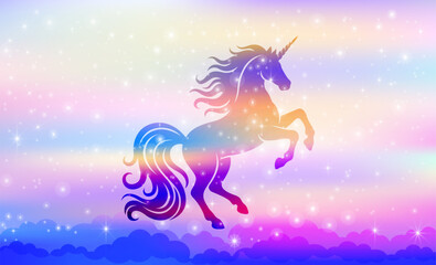 Fototapeta premium Magical Rainbow Unicorn Silhouette Prancing in Starry Pastel Sky Fantasy Background.