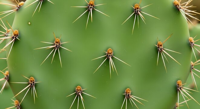 Close up of a prickly pear cactus pad with numerous sharp spines and glochids