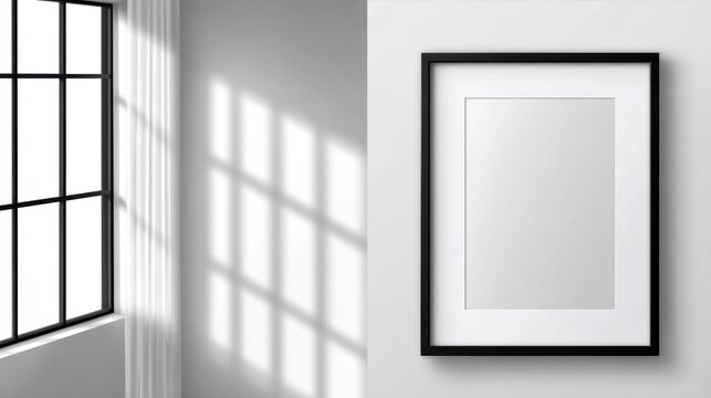 Blank picture frame hangs on a white wall next to a large window casting grid shadows
