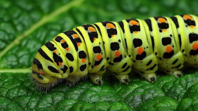 Brightly colored larval insect crawls across a textured green leaf surface
