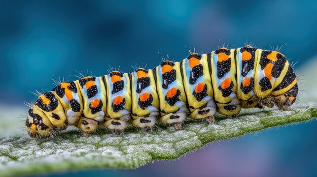 Brightly colored larva crawls across the surface of a green leaf.