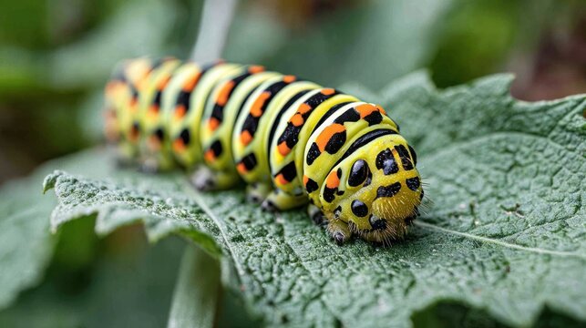Brightly colored larval insect crawls across the textured surface of a green leaf.